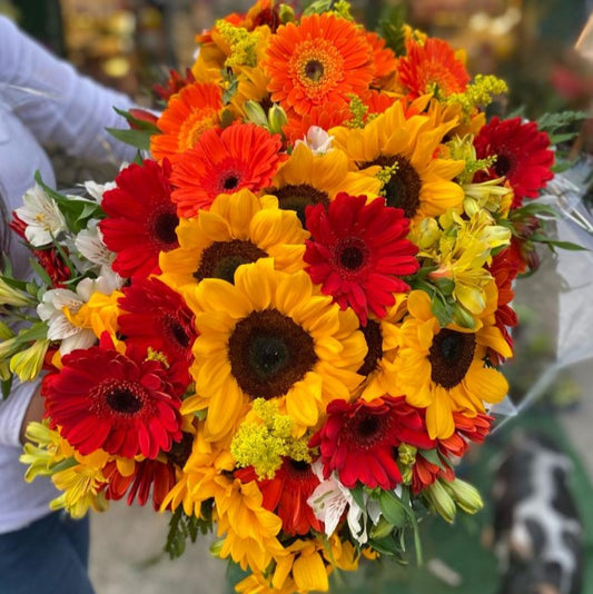 Buquê Premium 65 Maneiras de Dizer Eu Te Amo com 65 flores variadas incluindo girassóis, astromélias brancas e amarelas, gérberas vermelhas e laranjas, folhagens verdes e embalagem elegante com laço de fita”